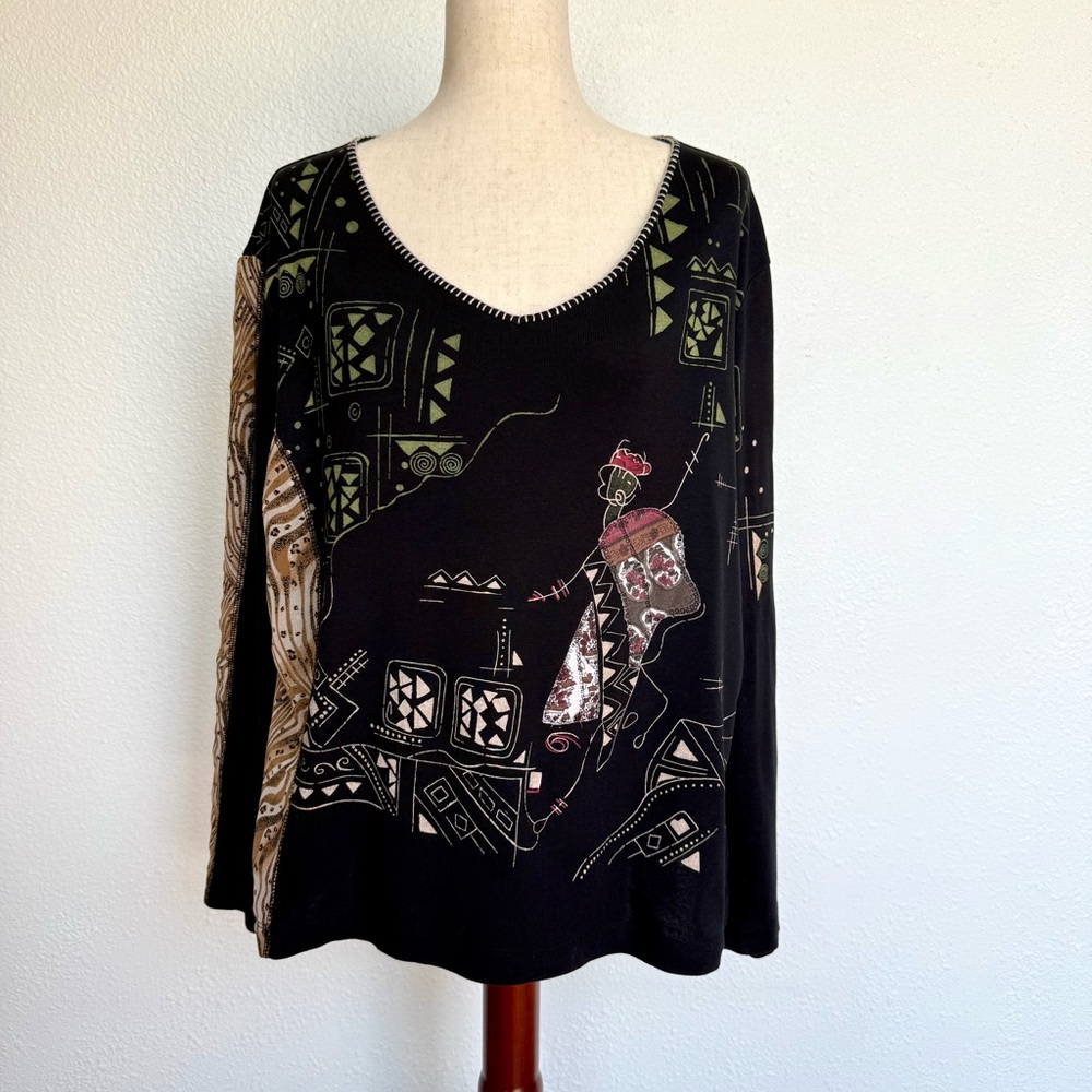 Chico's Artistic Black and Green Top/ Tunic Size 3(XL) Long Sleeve 100%Cotton